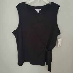 Nine West Women Large Side Tie Knit Sleeveless Tank Black Crinkly Stretchy‎ New